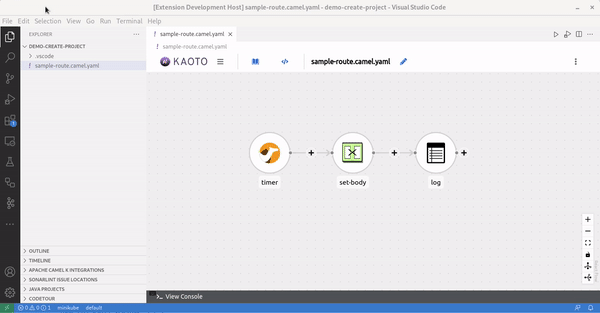 Video showing a VS Code workspace opened with a Camel route, calling command palette to create a Camel on Quarkus project, then showing that the project is created and the route copied at correct place in the project